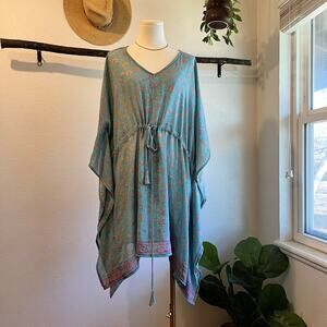 Darn Good Yarn Silk Blue Boho Indie Floral Print Kimono Shaw Cover Up One Size